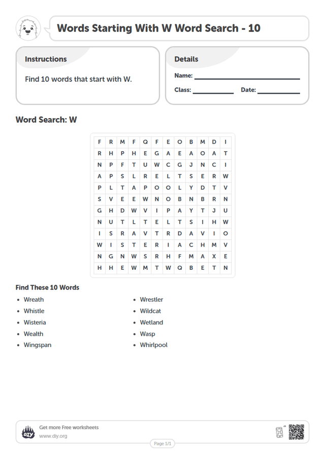 Words Starting With W Word Search page 1