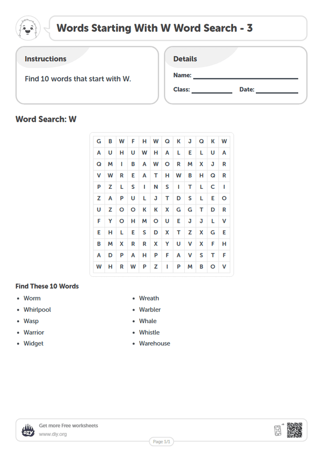 Words Starting With W Word Search page 1