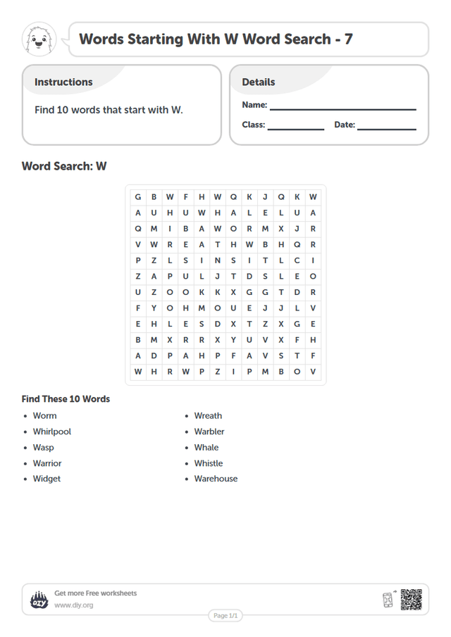 Words Starting With W Word Search page 1