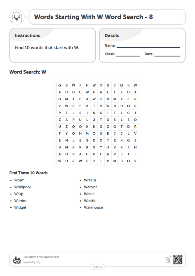 Words Starting With W Word Search page 1
