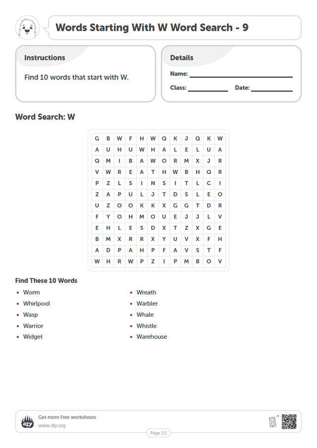 Words Starting With W Word Search page 1