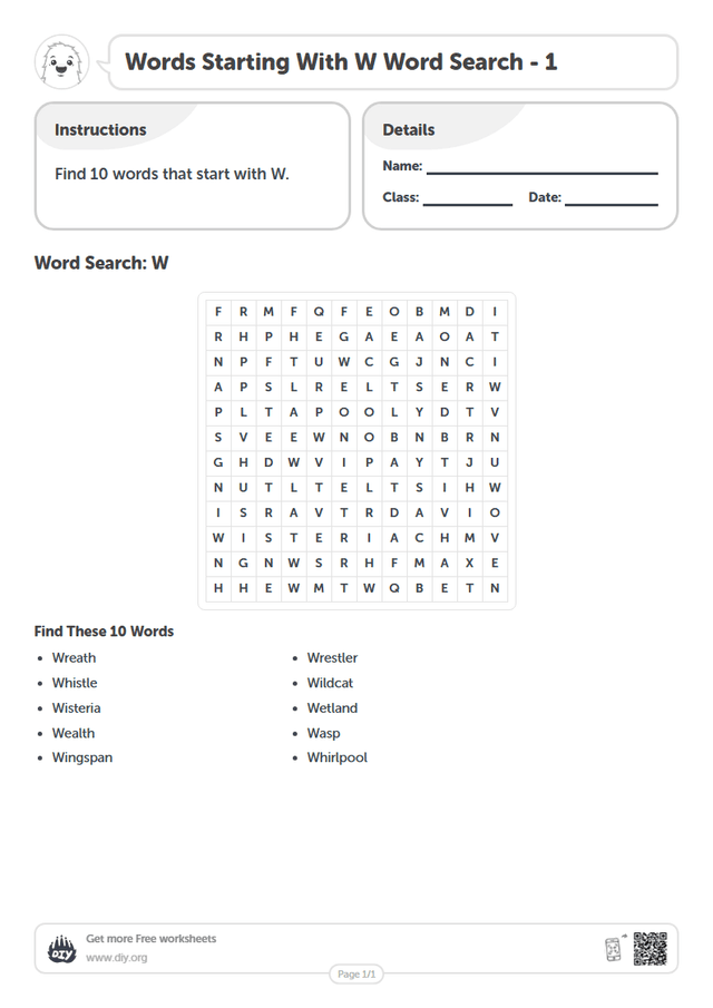 Words Starting With W Word Search page 1