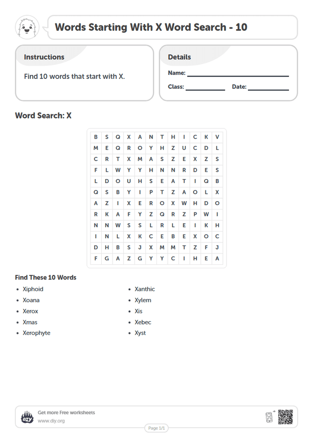 Words Starting With X Word Search page 1