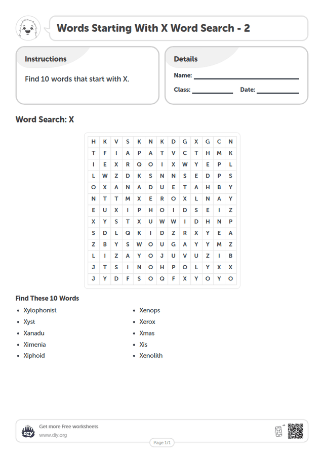 Words Starting With X Word Search page 1