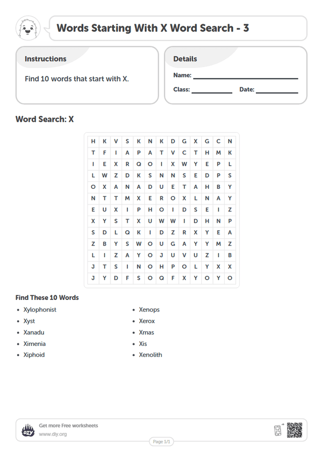 Words Starting With X Word Search page 1
