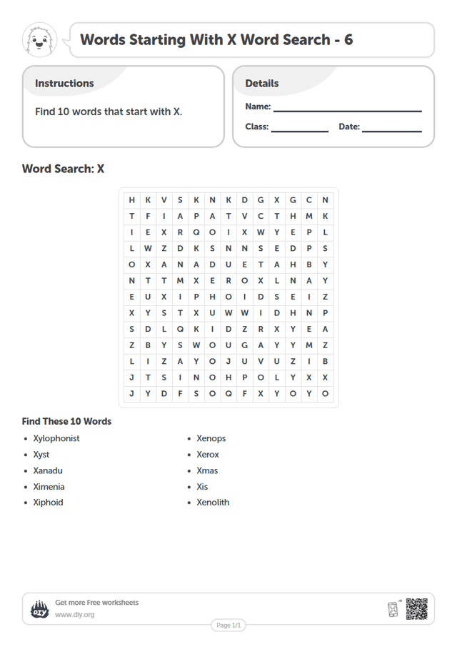 Words Starting With X Word Search page 1