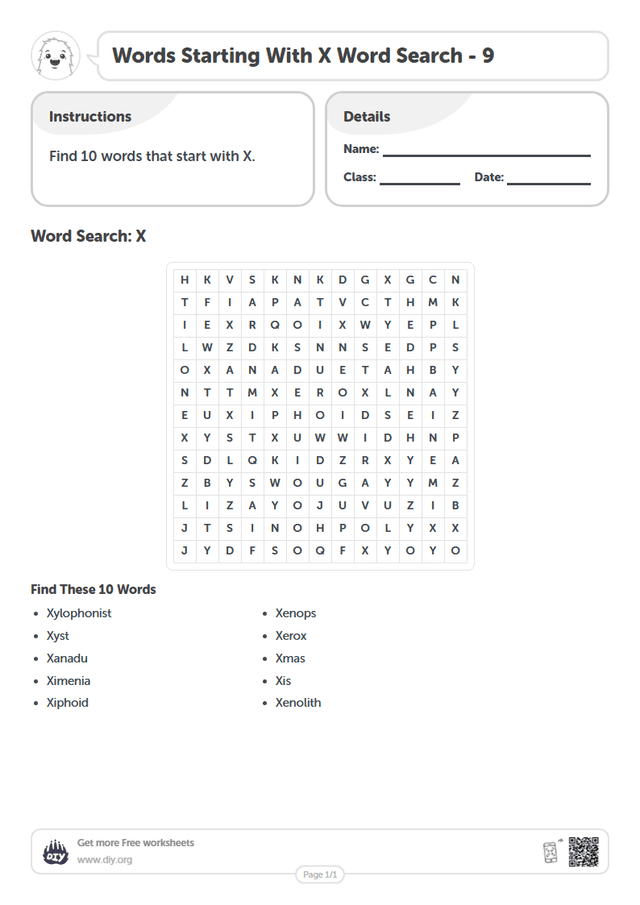 Words Starting With X Word Search page 1