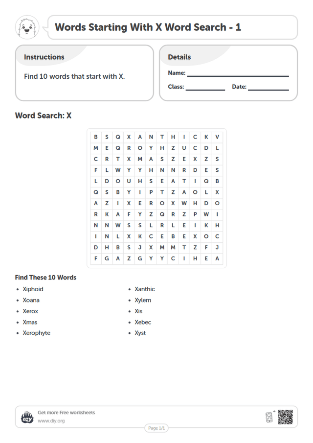 Words Starting With X Word Search page 1