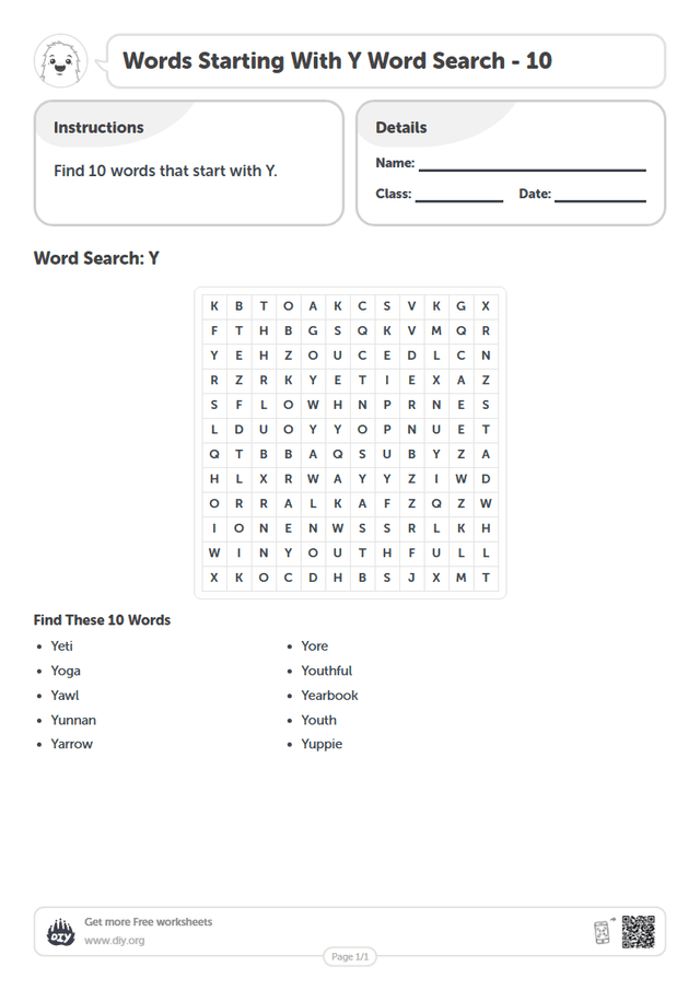 Words Starting With Y Word Search page 1