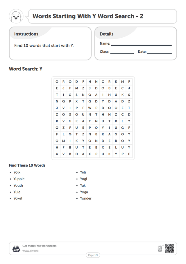 Words Starting With Y Word Search page 1