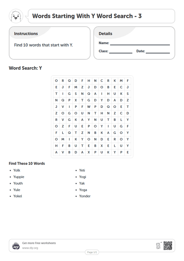 Words Starting With Y Word Search page 1