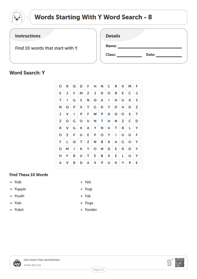 Words Starting With Y Word Search page 1