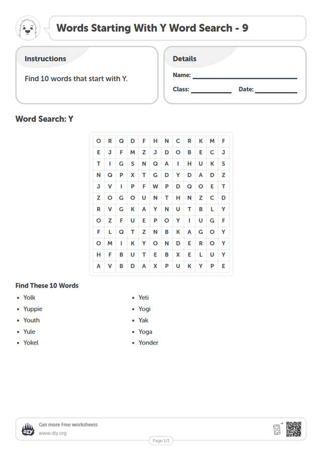 Words Starting With Y Word Search page 1