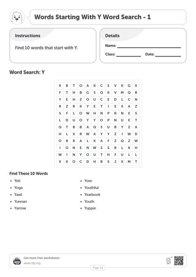 Words Starting With Y Word Search page 1