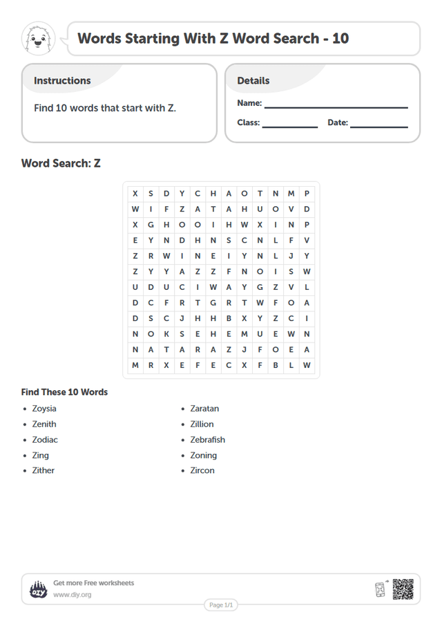 Words Starting With Z Word Search page 1