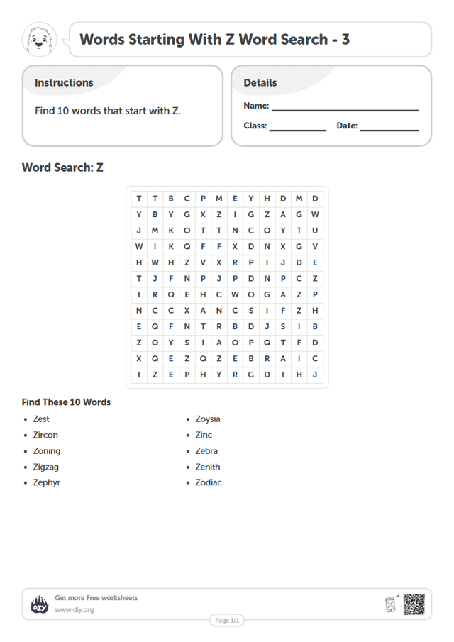 Words Starting With Z Word Search page 1