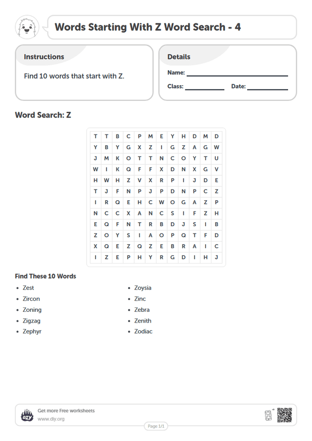 Words Starting With Z Word Search page 1