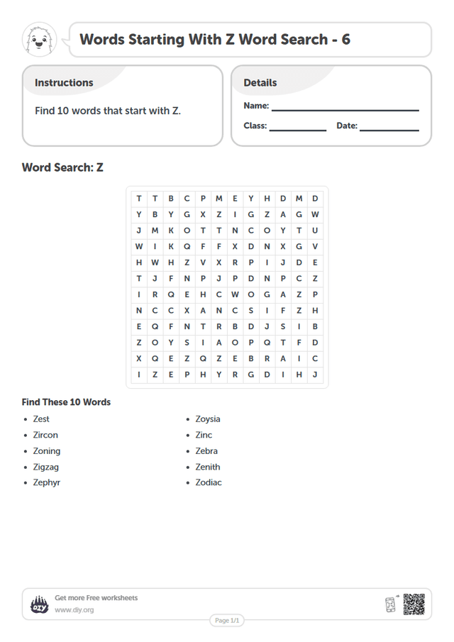 Words Starting With Z Word Search page 1