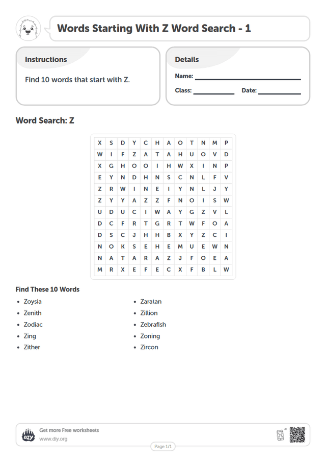 Words Starting With Z Word Search page 1