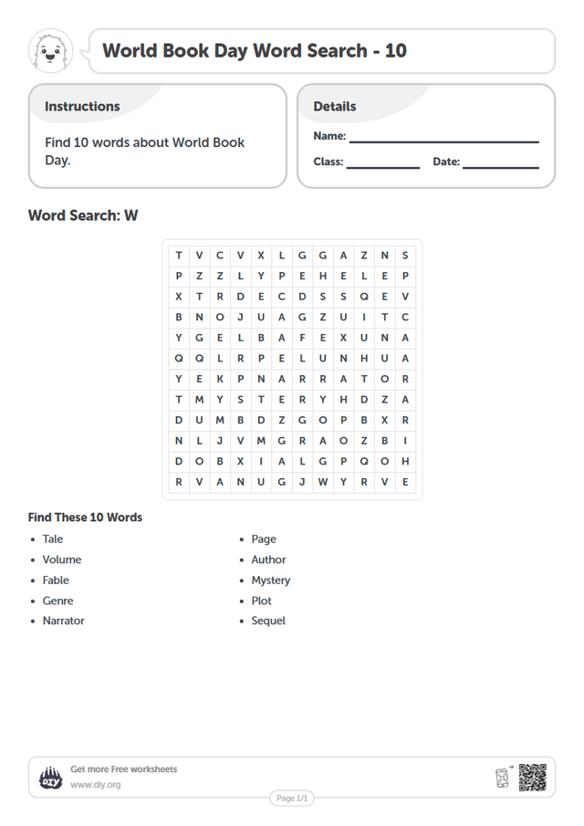 World Book Day Word Search page 1