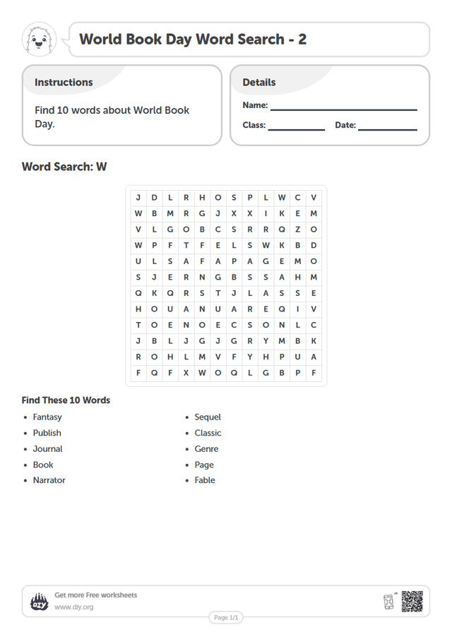 World Book Day Word Search page 1
