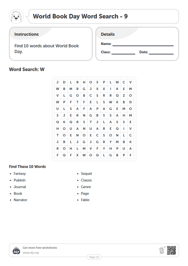 World Book Day Word Search page 1