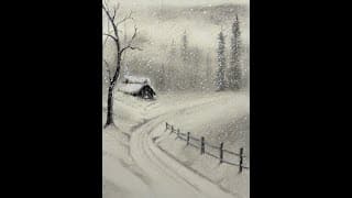 Simple Winter Landscape Drawing: Snowy Cabin & Trees Tutorial | Charcoal & Acrylic Art for Beginners