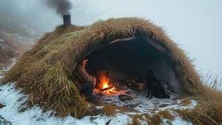 Build a simple warm winter shelter covered with ginger grass