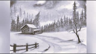 How to Draw a Simple Landscape in Winter with Pencils | Snowy Cottage, Trees | Easy Step by Step Art