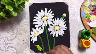 White Daisy Painting On Black Canvas | Acrylic Painting for Beginners