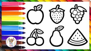 How to Draw 6 Easy Fruits for Kids | Grapes, Strawberry, Apple, Cherry, Pear, and Watermelon 🍇🍓🎨