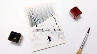 REAL TIME child walking winter scene » Easy WATERCOLOR winter landscape painting tutorial beginner