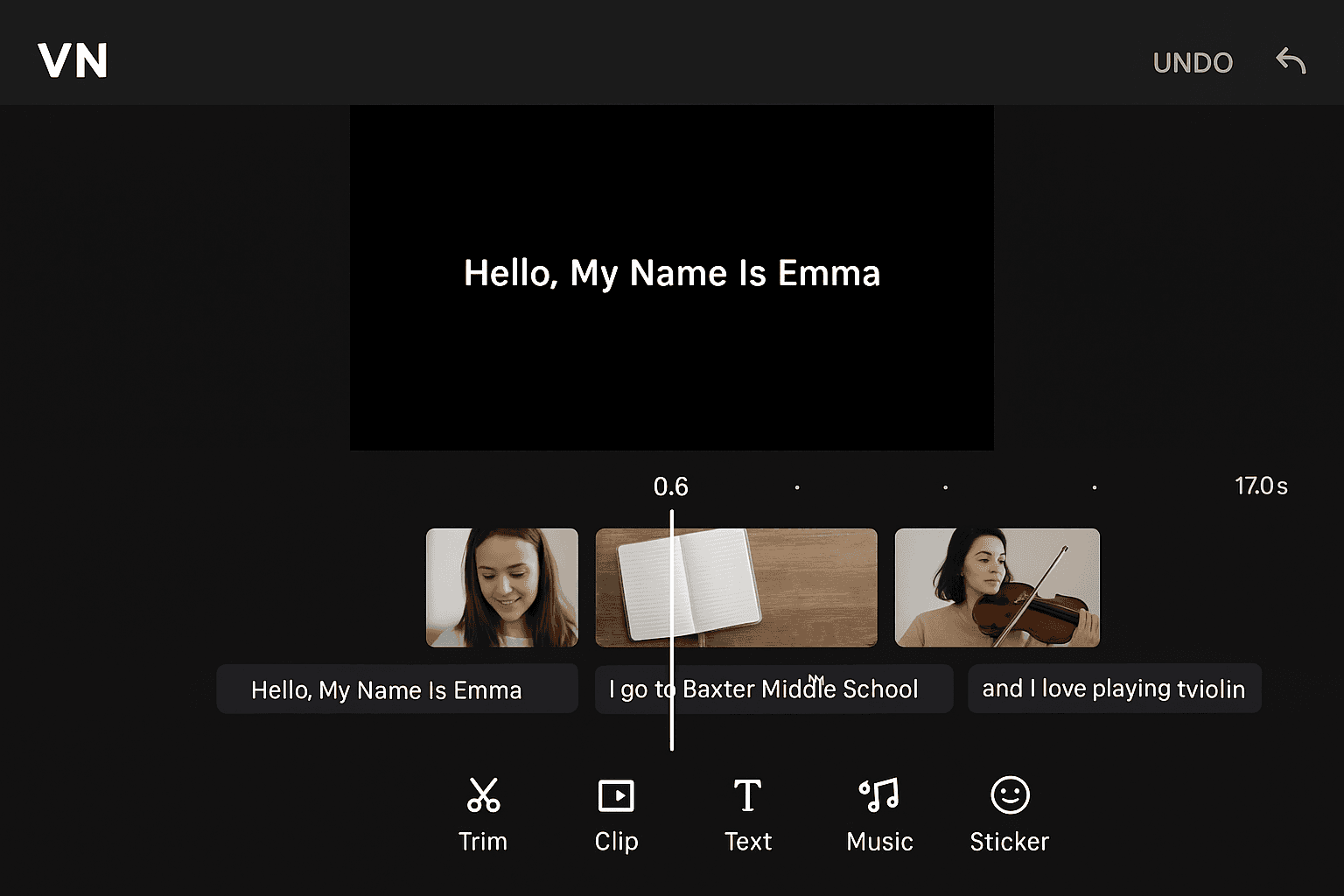 Screenshot VN Timeline with 3 clips + Captions