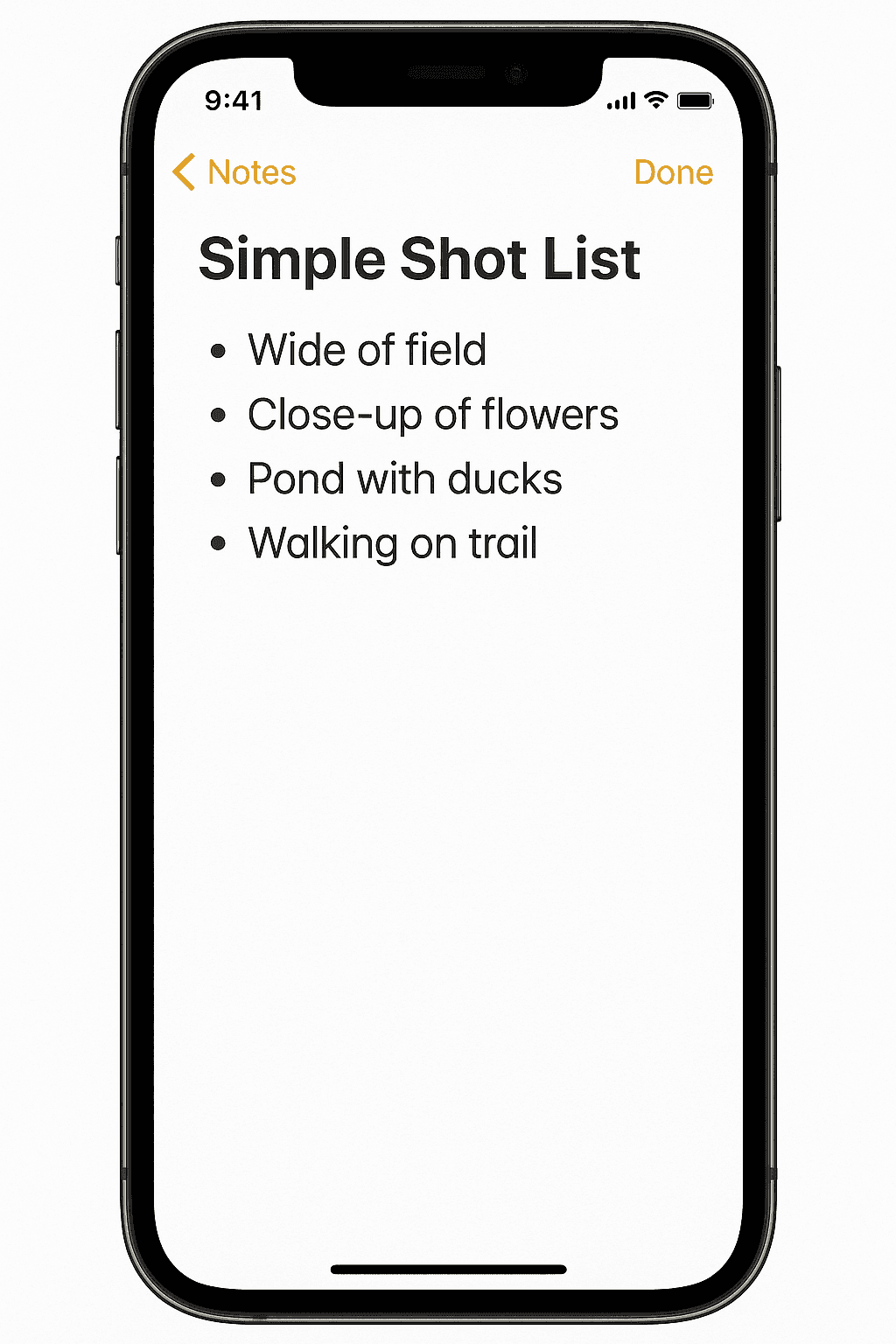 Screenshot Simple shot list on phone Notes app