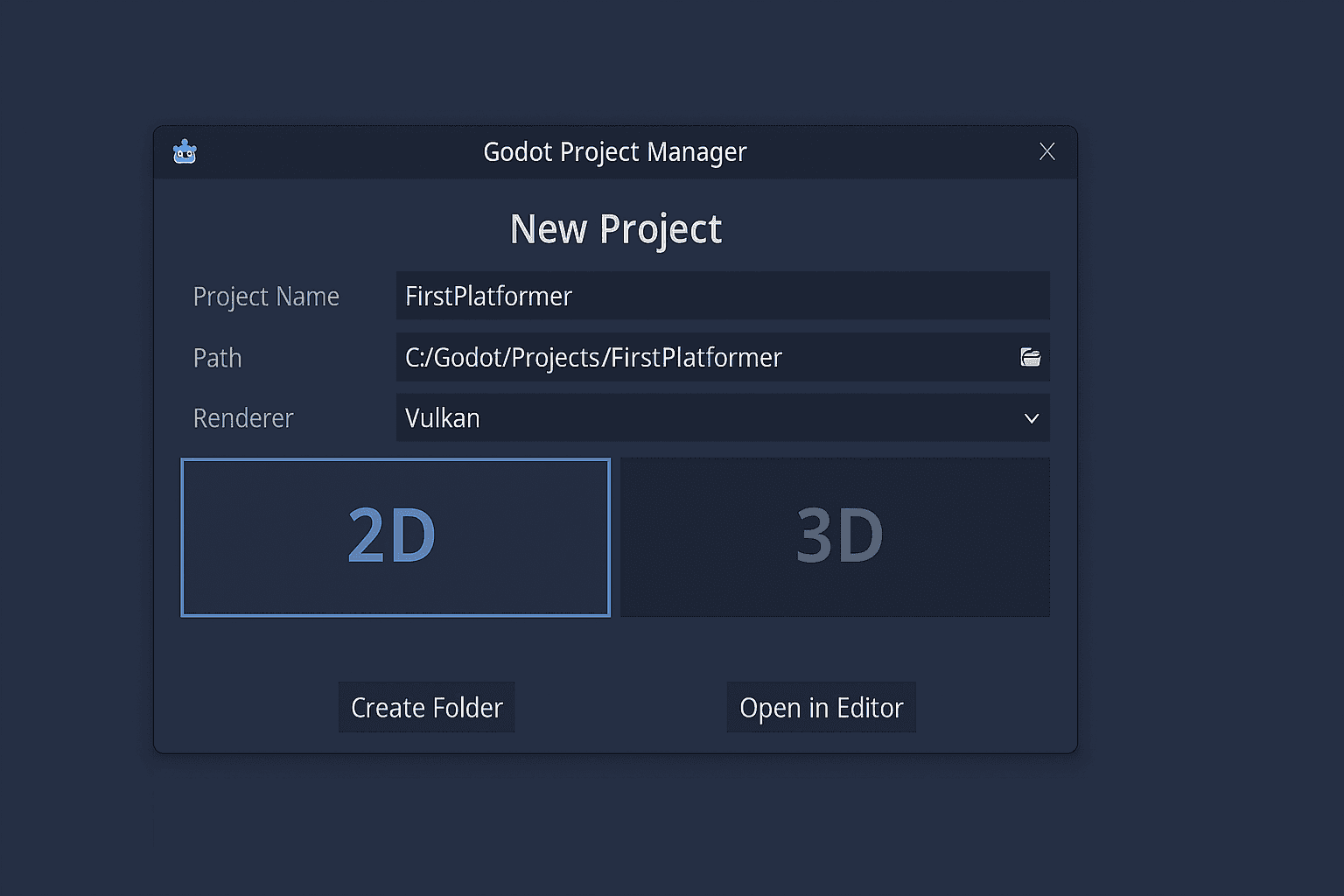 screenshot Godot Project Manager New 2D project