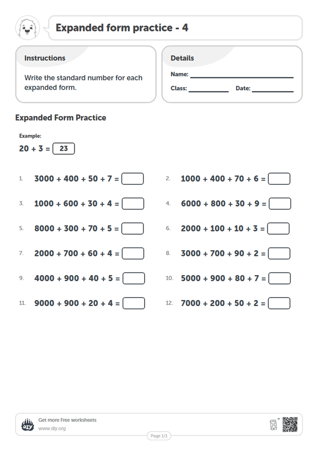 Free Expanded form practice - 4 Worksheets