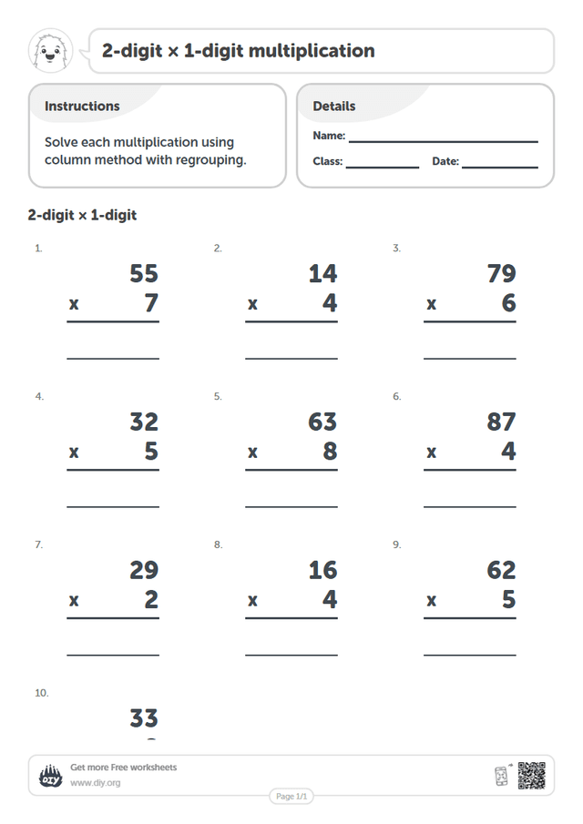 Free 2-digit × 1-digit multiplication Worksheets